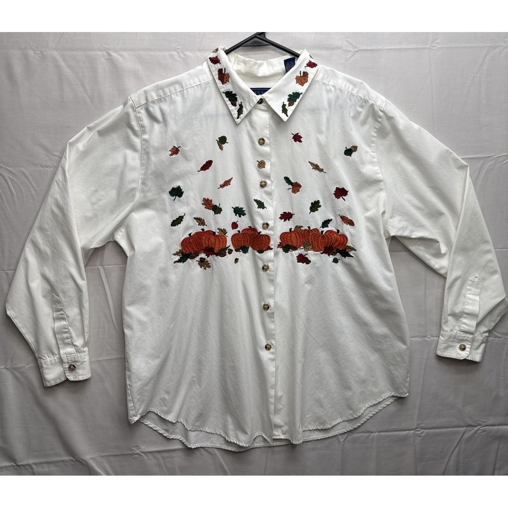 Vtg Karen Scott Womens Pumpkin Patch Embroidered Denim Shirt Sz XL Grandmacore